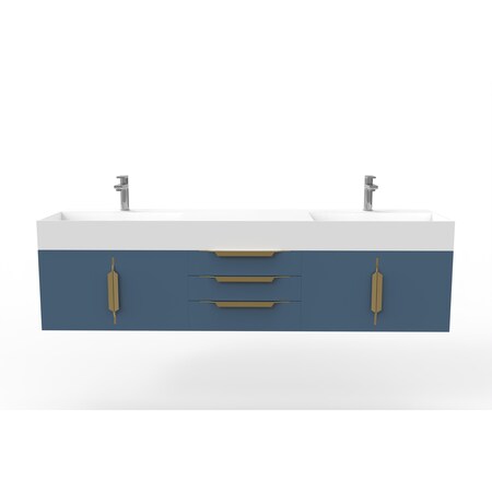 Castello Usa Amazon 72" Wall Mounted Blue Vanity With White Top And Gold Handles CB-MC-72BLU-GLD-2056-WH
